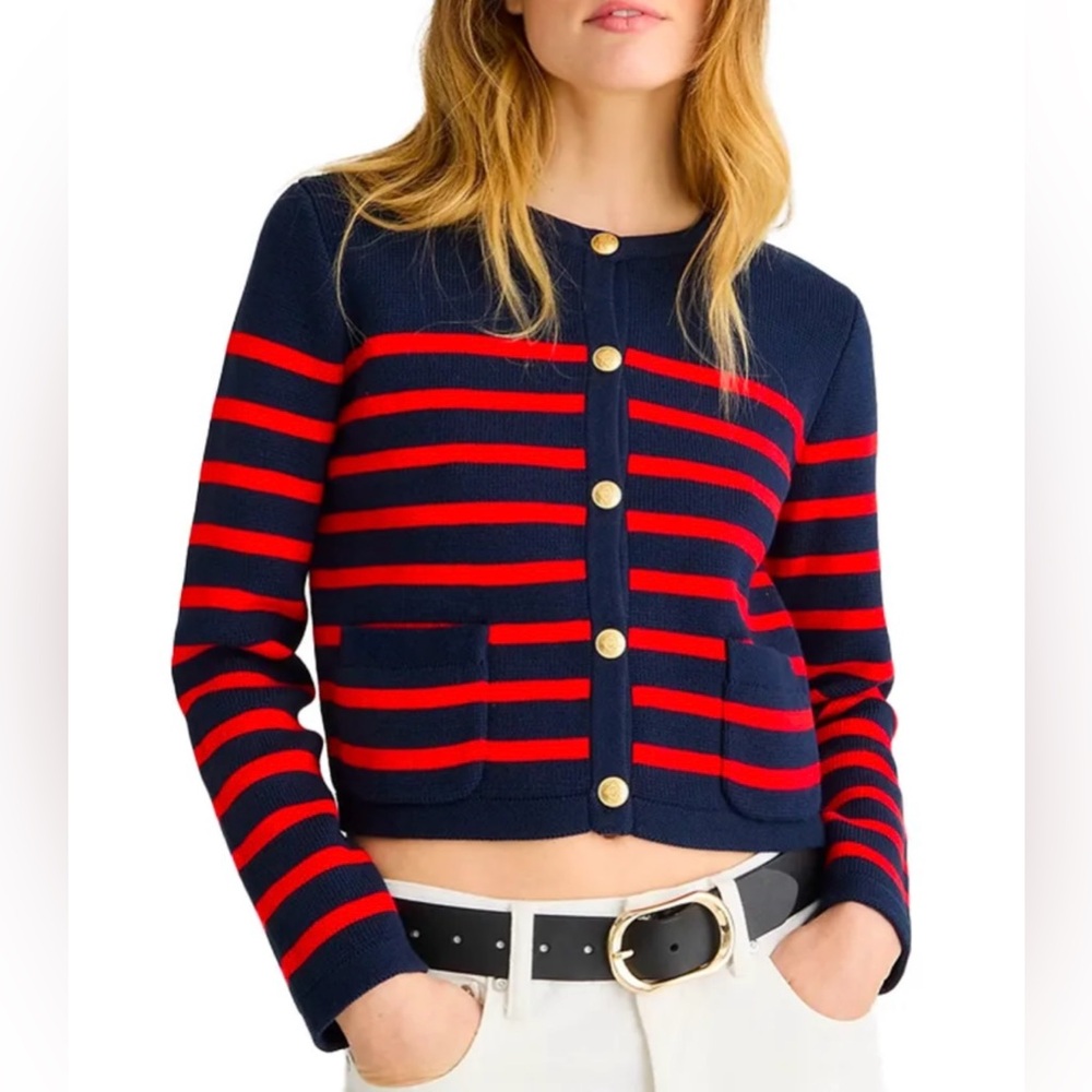 J.Crew Emilie Sweater Lady Jacket Navy Red Stripe Cotton Knit Size XS